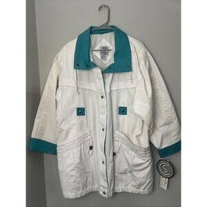 Vintage Windbreaker Jacket "Be in the Current Seen" White Teal Buttons Size 16W
